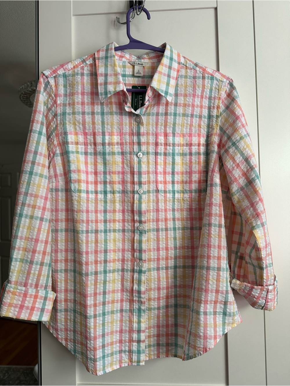 L.L. Bean Pastel Plaid Button-Down Shirt in Pink, Green, Yellow